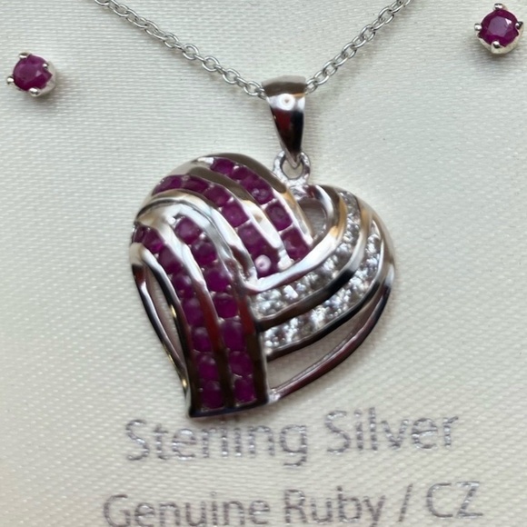 Sterling Silver & Ruby Necklace & Earring Set - Picture 1 of 3